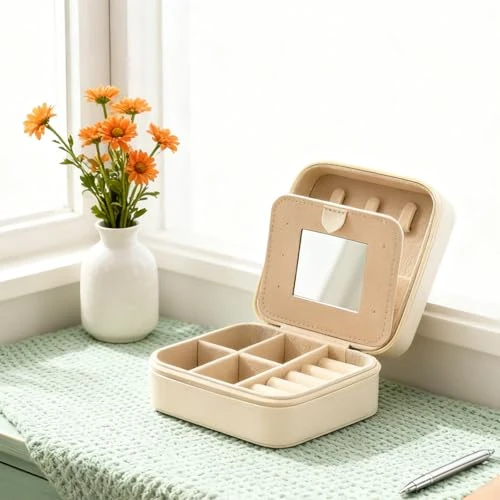 Mini Jewelry Travel Case, Small Portable Jewellery Storage, PU Leather Travel Jewelry Organizer Box, for Women, Girls, Wedding, Birthday, 3.74x3.74x1.92 In (With Mirror, White)