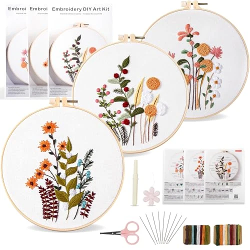 Offerta a tempo: VINATO Kit di Ricamo per Principianti con 3 Motivi Floreali, Telaio in Bambù, Filo e Accessori | Set Completo per Punto Croce e Ricamo a Mano | Idea Regalo per Adulti - 0.00% da 12.99 € a 12.99 €