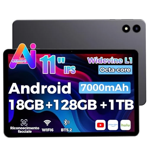 RebotAi 2026 Tablette 11 Pouces Android 15 avec Gemini AI, 18Go RAM + 128Go ROM + 1To TF, Widevine L1/WiFi 6/BT5.2/7000mAh/Identification Faciale Tablette Tactile