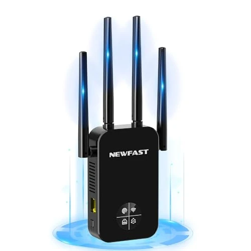 NEWFAST Ripetitore WiFi Potente per Casa, 1200Mbps WiFi Extender Dual Band 2.4GHz/5GHz con 4 Antenne ad Alto Guadagno, Porta Ethernet, WPS, Display Intelligente, Supporta 3 Modalità(Nero)