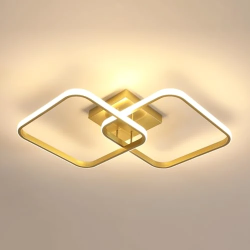 Goeco Plafonnier LED Intérieure, 42W 64 CM Luminaire Plafonnier Or avec 2 Flammes Carrées Lumière Chaude 3000K Lampe de Plafond Moderne en Acrylique pour Salon Chambre Salle à Manger