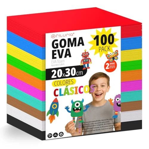 Offerta a tempo: OFITURIA Confezione da 100 fogli di gomma EVA colori classici, formato 20x30 cm, 10 colori di base, per uso scolastico o professionale, gomma EVA (Assortimento classico) - 0.00% da 35.69 € a 35.69 €
