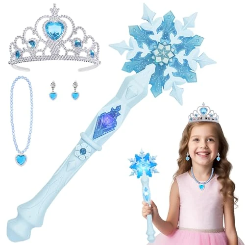 Offerta a tempo: AUYAO Bacchetta Magica Bambina, Bacchetta LED da Principessa, Fiocco di Neve Accessorio Set con Collana e orecchini a Corona, Luminoso Fata per Cosplay Feste di Compleanno Natale Halloween - 41% da 14.99 € a 8.79 €
