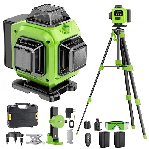 Cross Line Laser, Laser Level 360° x 4, Laser Levels 4D 16 Laser Lines, Self-Level and Pulse Mode Outside, 2 x Batteries, Auto Leveling, Rotating Support, Remote Control