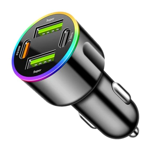 4-Port USB Car Charger Cigarette Lighter USB Charger, 60 W Car Charger Mobile Phone Dual PD+QC3.0 Adapter with LED, Compatible with iPhone, Android, Samsung, Tablet, etc (Colourful)
