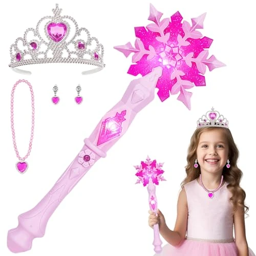 Offerta a tempo: AUYAO Bacchetta Magica Bambina, Bacchetta LED da Principessa, Fiocco di Neve Accessorio Set con Collana e orecchini a Corona, Luminoso Fata per Cosplay Feste di Compleanno Natale Halloween - 38% da 14.99 € a 9.34 €