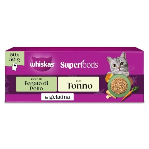 Offerta a tempo: WHISKAS SUPERFOODS Cibo Umido in Gelatina per Gatti Adulti 50x50g Mix - 39% da 22.90 € a 13.99 €