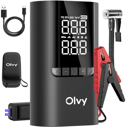 Olvy Przenośny wzmacniacz rozruchowy 4 w 1 ze sprężarką powietrza, moc szczytowa 1500 A, powerbank 12000 mAh, inteligentna ochrona, światło LED, wyświetlacz cyfrowy, kompaktowy wzmacniacz ułatwiający