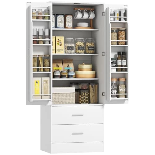 Offerta a tempo: HOMCOM Credenza Cucina Alta 159 cm, Mobile Cucina con 8 Portaspezie sulla Porta, 2 Ante e 2 Cassetti, Mobile Dispensa Moderno con Ripiani Regolabili, per Sala da Pranzo, Soggiorno, Bianco - 10% da 159.95 € a 143.95 €