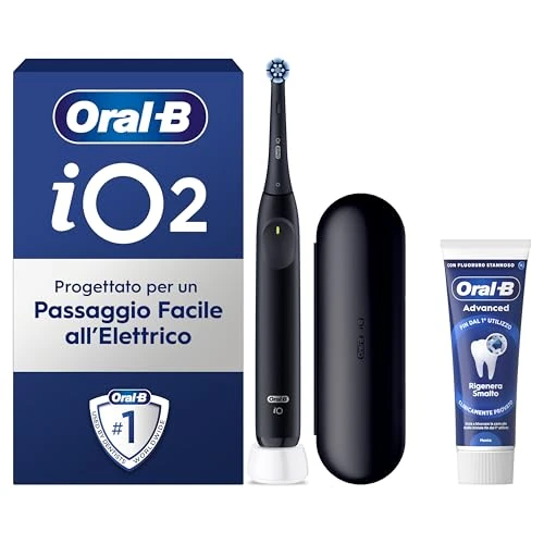Oral-B iO 2 schwarze elektrische Zahnbürste, 1 Ersatzbürstenkopf für elektrische Zahnbürste, Ladegerät, Reiseetui + 1 Oral B Advanced Zahnpasta regeneriert Nagellack, effektive Zahnreinigung