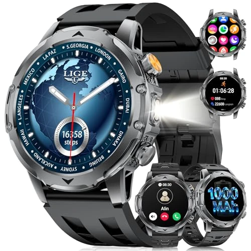 Offerta a tempo: Smartwatch Uomo Militare con 1000mAh/Torcia LED/3 Cinghie, 1.53"HD Smart Watch Orologio con Chiamate, 120+ Modalità Sportive, Cardiofrequenzimetro Sonno, IP68 Smart Watch per Android iOS Silicona - 53% da 109.99 € a 52.24 €
