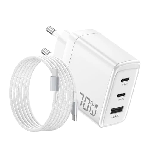 Cargador USB C 70W para Macbook, Carga Ultra Rápida 3 Puertos PD3.0 & QC3.0, GAN II Compacto con Cable Trenzado 2M, Compatible para MacBook Pro/Air, para iPhone 17/16, para iPad, Galaxy, Pixel