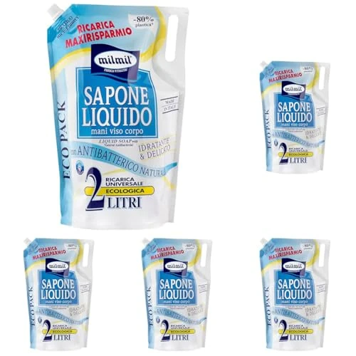 Milmil Sapone Liquido Neutro, Ricarica Universale Maxirisparmio, Dermatologicamente Testato con Antibatterico Naturale - 2000 ML (Confezione da 5)