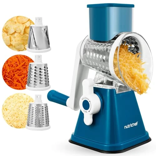 Limited-time offer: Nutrichef 3 in 1 Cheese Grater & Shredder | Strong Suction Base, Rotary Handle with Safety Lock | Includes Hand Crank & 3 Drum Blades for 3 Textures, Fine, Medium & Strips | Blue from $17.99 to $17.99 (save 0.00%)