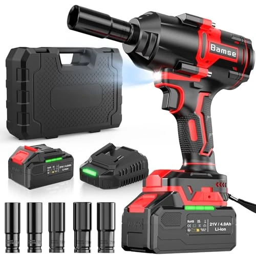 Bamse Schlagschrauber Bürstenlos 21V, Drehschlagschrauber 1000 Nm mit 4,0Ah Akku, 3 Variable Geschwindigkeit, 5 Schlagschraubereinsätzen, für Auto und Haushalt