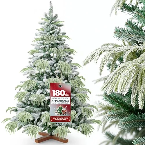 Huracan Premium Artificial Christmas Tree 180 cm with Wooden Stand, Christmas Tree with Snow Nordmann Fir, Artificial Christmas Tree with Storage Bag and Decoration, Green Christmas Trees