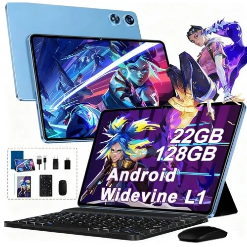 2026 Tablet 10 inch Android met 22 GB RAM + 128 GB ROM (TF/2TB), Octa-Core 2.0 GHz, Widevine L1, 5G WiFi 6, Bluetooth 5.0, 1280 x 800 FHD IPS, 8000 mAh, GMS, Newest tablet met toetsenbord en muis