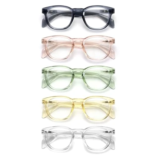 Offre limitée : OPULIZE AWE – Lot de 5 lunettes de lecture rondes rétro bloquant la lumière bleue pour homme et femme, protection UV – Bleu transparent, rose, vert, jaune, transparent + 3,50 de 16.99 € à 16.99 € (0.00% de remise)