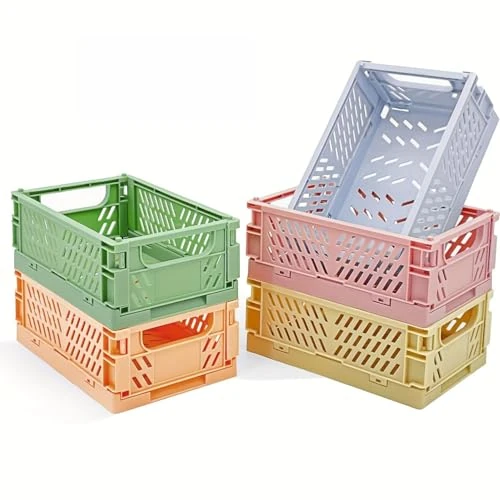Lot de 5 petits paniers de rangement en plastique pastel, caisses pliables pour organisation, mini bacs peu encombrants pour salle de classe, cuisine, bureau, chambre à coucher