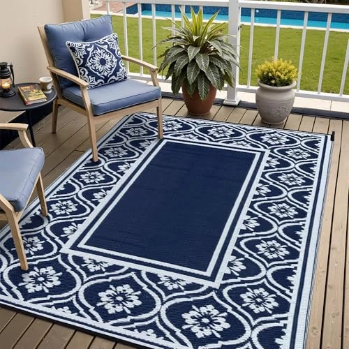 Offerta a tempo: PureCozy Tappeto da Esterno Antipioggia 150x240cm, Impermeabili Eeversibili Lavabili, Antiscivolo, Anti-UV, Tappeto per Terrazze,Giardini,Camper,Picnic,Balcone,Blu & Bianco - 0.0% da 48.99 € a 48.99 €