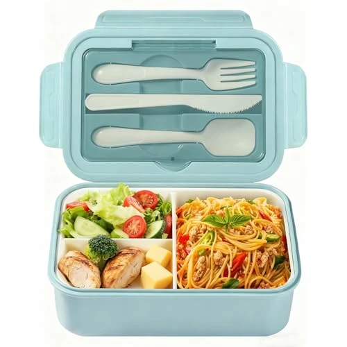 Offerta a tempo: Diboniur Porta Pranzo, 1400ml Lunch Box con Posate, Schiscetta Pranzo Bambino Adulto Bento Box con 3 Scomparti, Schiscetta Contenitore Ermetico per Microonde Ufficio Lavoro Picnic (Azzurro) - 0.00% da 14.49 € a 14.49 €