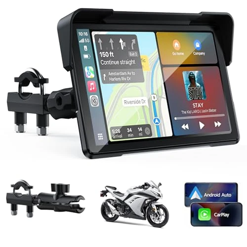 Volam Pantalla Carplay para Motocicleta, CarPlay y Android Auto Inalámbricos, 7 Pulgadas Pantalla Táctil Impermeable IP67 con Navegación GPS, Doble Bluetooth, Asistente de Voz, Plug y Play