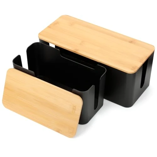 Offerta a tempo: AiQInu Set da 2 Scatola Porta Cavi Nera, Scatola Nascondi Cavi con Coperchio in Legno, Copri Ciabatta Elettrica, Cable Box per Fili Elettrici​ di Prolunga, Prese Multiple e TV - 15% da 22.99 € a 19.54 €