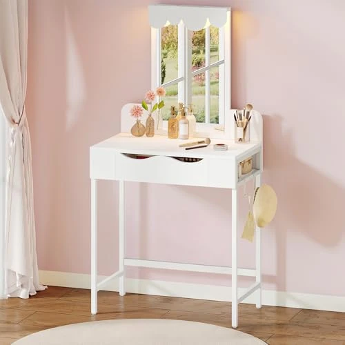 Offerta a tempo: Tavolo da toeletta con illuminazione, cassetti in tessuto con specchio, luminosità regolabile, tavolo da toeletta con porte, tavolo da trucco con ripiano per gioielli, ripiani regolabili, colore legno - 42% da 50.99 € a 29.57 €