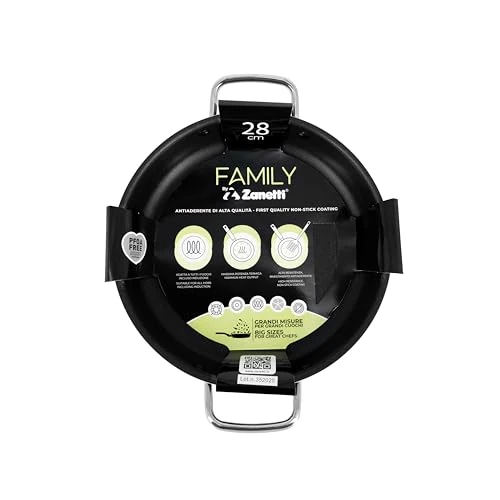 Zanetti, Anti-aanbakpan, 28 cm, dikte 2,5 mm, geschikt voor alle warmtebronnen, inclusief inductie, handgrepen van staal, binnenkant zwart, buitenkant zwart