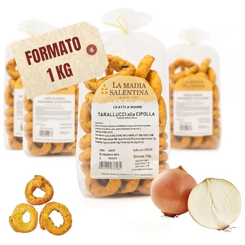 Offerta a tempo: Tarallucci Salentini alla Cipolla 1 Kg, Artigianali al Forno - Taralli Pugliesi Croccanti Tradizionali del Salento - Tarallini Snack Salato Tipico della Puglia (4x250g, Cipolla) - 0.00% da 19.99 € a 19.99 €