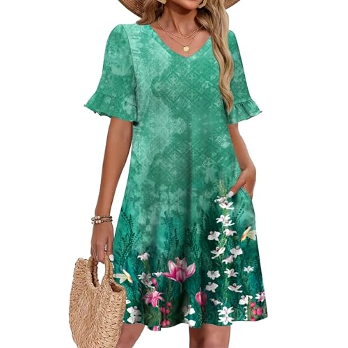 Limited-time offer: Zeagoo Short Dresses for Women Summer A Line Dress Floral V Neck Tunic Dress Casual Short Sleeve Holiday Dresses with Pockets Dark Green-Floral L from 16.99 £ to 16.99 £ (save 0.00%)