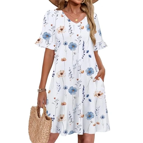 Offerta a tempo: Zeagoo Abito da donna con scollo a V, a maniche corte, con volant, casual, estivo, a trapezio, da spiaggia, con tasche, S-XXL, Bianco-floreale, XL - 0.0% da 8.99 € a 8.99 €