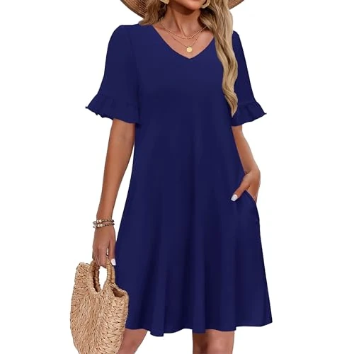 Oferta limitada: Zeagoo Vestido de verano para mujer, vestido corto acampanado, cuello en V, manga con volantes, vestido casual floral con bolsillos, tallas S-XXL, azul marino, M de 8.99 € a 8.99 € (ahorro 0.0%)