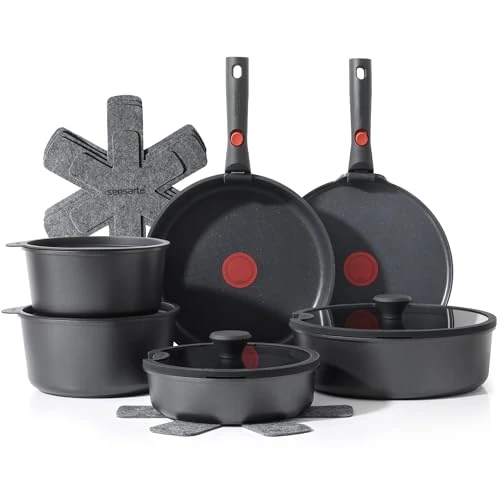 SENSARTE Set di Pentole Antiaderenti 17 Pezzi per Tutti i Piani Cottura Incluso Induzione, con Indicatore di Calore, Manici Amovibili, Compatibile Lavastoviglie e Forno