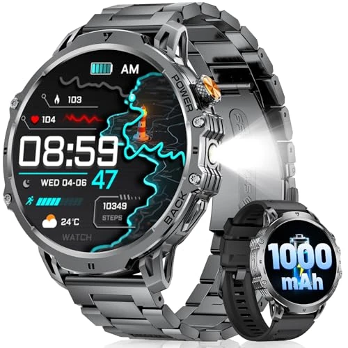 LIGEMI Smartwatch Uomo con 1000mAh Batteria/LED Torcia, 1.85'' Grande Orologio Smartwatch Uomo con Chiamata e Risposta, 100+ Modalità Sportive, Sonno Cardiofrequenzimetro SpO2 per Android iOS