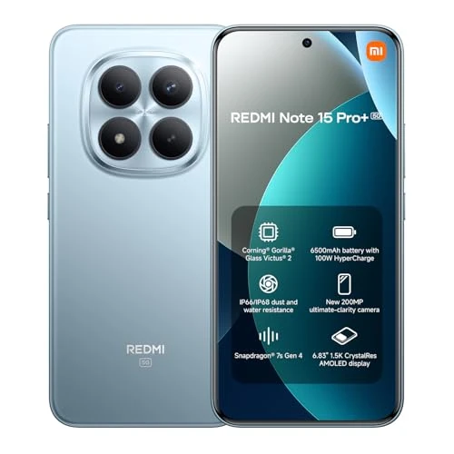Oferta limitada: XIAOMI REDMI Note 15 Pro+ 5G - Smartphone de 8+256GB, Pantalla AMOLED 6,83" 1.5K AMOLED, Snapdragon 7s Gen 4, cámara de 200 MP, Hypercharge 100W, Cargador no Incluido, Azul Glaciar (Versión ES) de 499.90 € a 315.00 € (ahorro 37%)