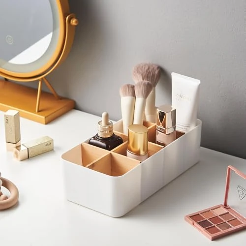 Neuytiky Organisateur de Bureau Bambou Blanc - 8 Compartiments, Boîte de Rangement Bureau Multifonction pour Stylos, Télécommandes & Accessoires | Range-Télécommande Inclus