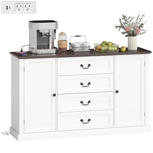 Offerta a tempo: HOMCOM Credenza Cucina, Mobile Cucina con 4 Cassetti Soft Close, Piano d'appoggio Spesso, Credenza Buffet con Ripiani Regolabili, Stile Rustico, per Soggiorno, Sala da Pranzo, 147x40x87 cm, Bianco - 0% da 170.95 € a 170.95 €