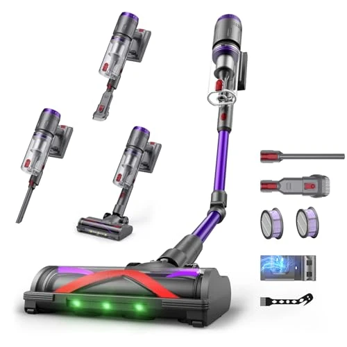 Circlio Akku Staubsauger, 600W/58000Pa/75Min, Laufzeit Staubsauger Kabellos mit Smart LED Display und Ladestation, Selbststehender Akkusauger mit Antitanglebürste für Teppich, Hartboden und Tierhaare