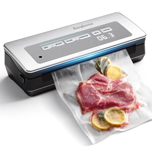 Vacuum Sealer 90kPa 100W Powerful Wide Sealing Food Storage Built-in Cutter Storage Digital Storage Bag Countdown 2 Rolls Bags (Light Silver)