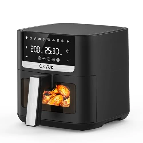 OKYUK Friggitrice ad aria 6L - Air Fryer, senza olio con interno in metallo, friggitrice ad aria calda, 8 programmi, display digitale a LED, timer, facile da usare, 80-200 °C