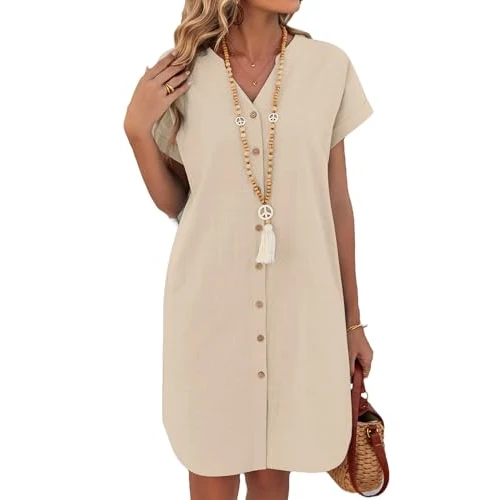 Offerta a tempo: Zeagoo Vestito Camicia Donna Maniche Corte Estivo Abito in Lino Corto Spiaggia Vestiti con Tasche Elegante Scollo a V Chemisier Abiti Marrone Chiaro L - 37% da 26.99 € a 16.99 €