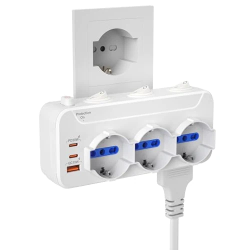 Offerta a tempo: Presa Multipla Salvaspazio,Ciabatta Elettrica Multipresa 6 Posti con Protezione Sovratensione e Interruttore,3 Polivalenti Schuko-Bipasso e 3 Bivalenti Prese IT,Adattatore Tripla,Spina Ita 16A,Bianco - 0% da 31.99 € a 31.99 €