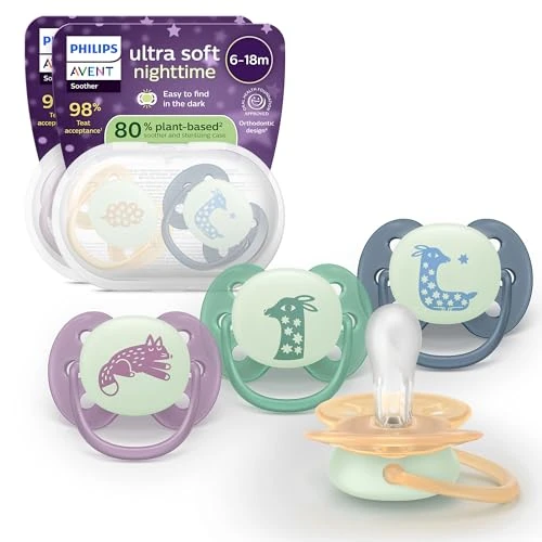 Philips Avent Chupetes Ultra Soft Nighttime - Diseño ortodóntico, para bebés de 6-18 meses, brillan en la oscuridad, tetina simétrica de silicona, sin BPA, estuche esterilizador, pack de 4, SCF094/08