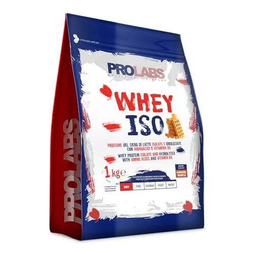 PROLABS– Proteine in Polvere WHEY ISO Isolate e Idrolizzate Pure, Whey Protein + Amminoacidi e Vitamina B6, Crescita e Recupero Muscolare Alta Qualità e Valore Biologico 1kg Caramel Waffle 2 Scoop 30g