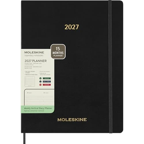 Offerta a tempo: Moleskine Agenda Settimanale Verticale 2026-2027, Essential Planner 15 Mesi Con Slot Orari Giornalieri e Copertina Flessibile, Formato XXL 23,5x28,14 cm, Colore Nero - 34% da 24.00 € a 15.95 €