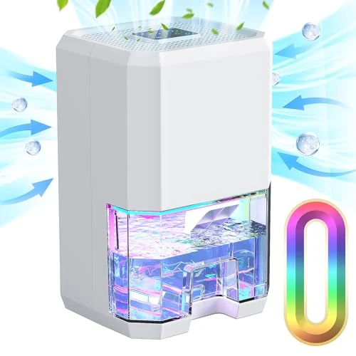 1200ML Silent Dehumidifier with Auto Shut-Off Timer 6-8-10 Hours, Sleep Mode, 7 Color Night Light, Portable for Bathroom, Bedroom (500ml/24H)