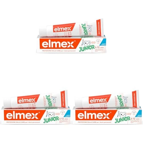 Elmex - Dentifricio Junior 75ml (Consegna in 48 Ore), Dentifricio per i Denti Permanenti dei bambini, Protezione contro la Carie dei Bambini, Formula Avanzata per Bambini (Confezione da 3)