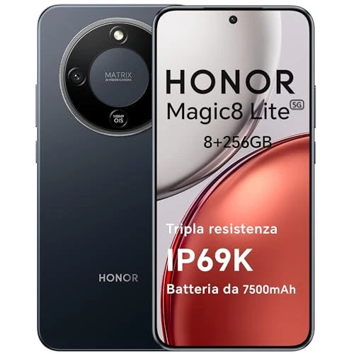 Offerta a tempo: HONOR Magic8 Lite Smartphone 5G, 8+256GB, Tripla Resistenza-IP69K, 7500 mAh, Fotocamera AI 108 MP con OIS, Display AMOLED da 6.79 Pollici Cellulari, AI Intelligente, Dual SIM, NFC, Midnight Black - 0% da 339.90 € a 339.90 €