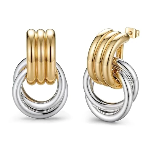 BodyBonita 16K Plated Chunky Gold Hoop Earrings for Women, 925 Sterling Silver Post Two-Tone Knot Large Stud Earrings, Paperclip Dangle Drop Earrings Statement Earring Huggie Hoops Piercing Jewellery